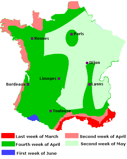 Last frost dates map of France